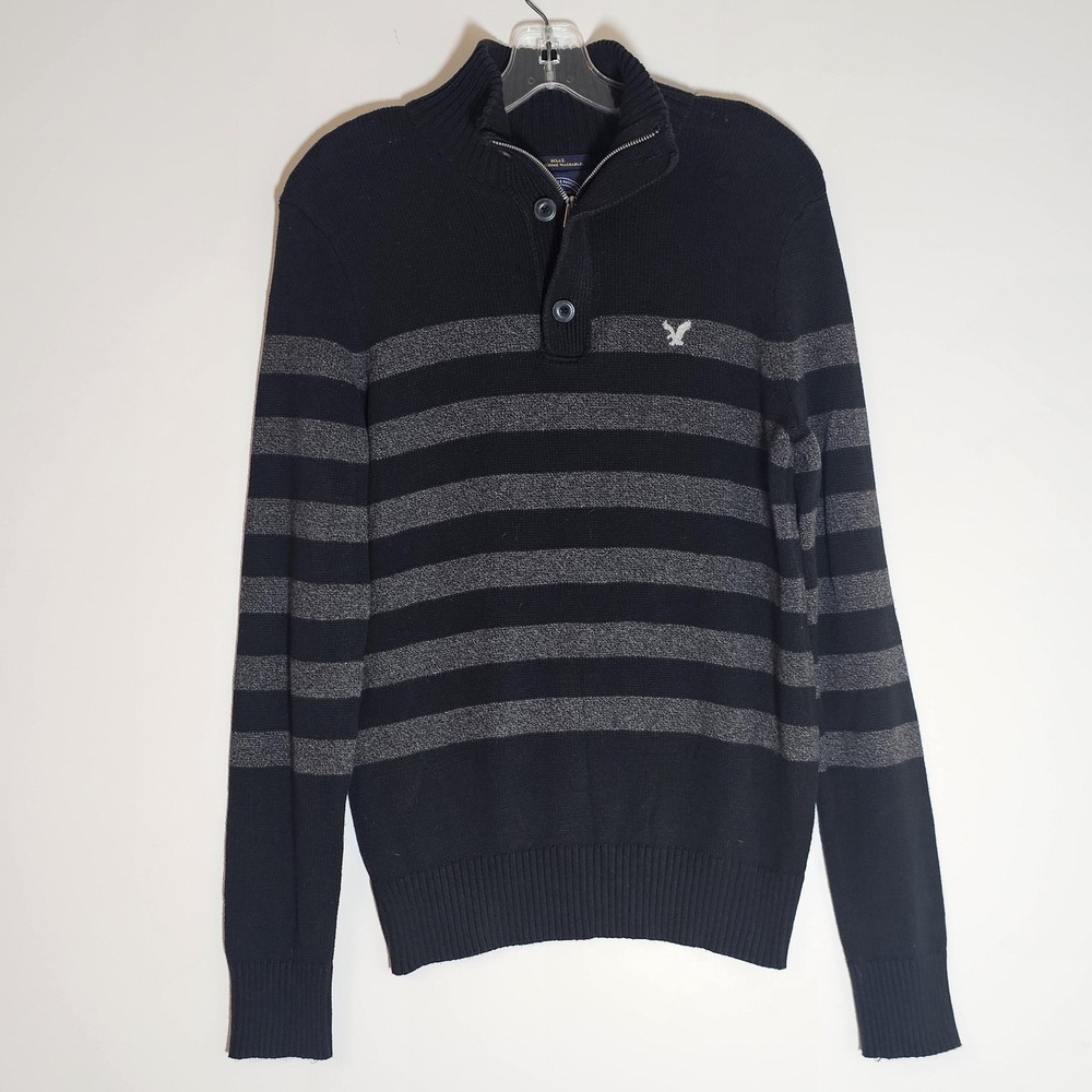 American Eagle Sweater Mens Small Black Gray Striped Athletic Fit Pullover Knit